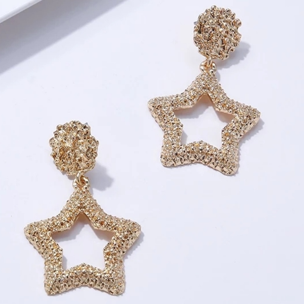 Gold Geometric Star Shaped Dangle Fashion Earrings Womens Drop Textured Metal - Picture 2 of 4